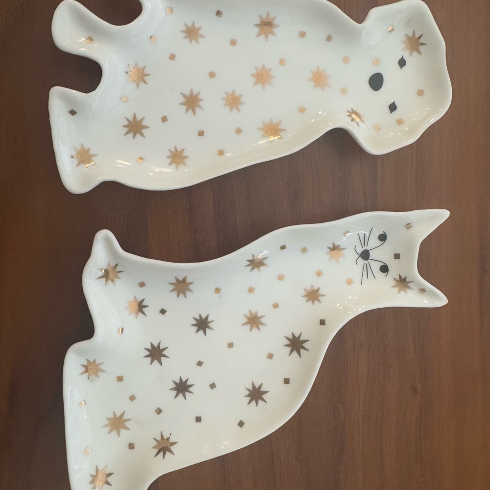 West elm Cat and Dog Trinket Dishes - White and Gold
